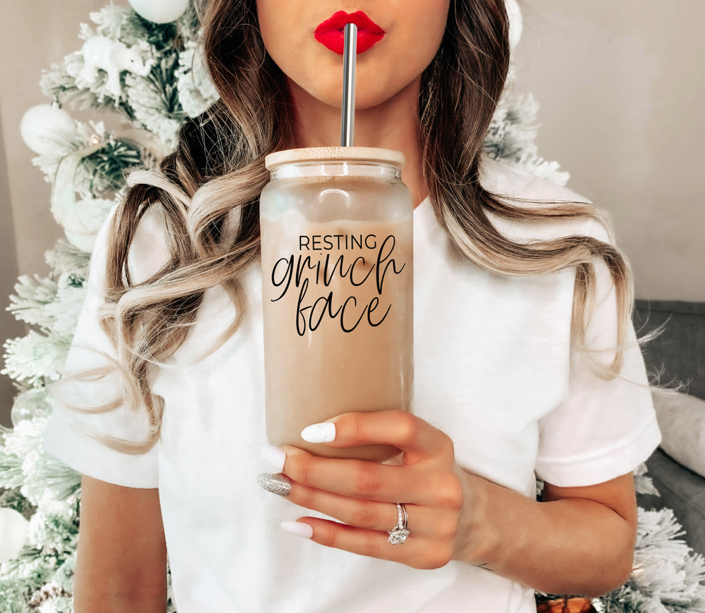 Gobelet en verre 17 oz Grinch avec couvercle en bambou et 2 pailles en acier inoxydable Fêtes