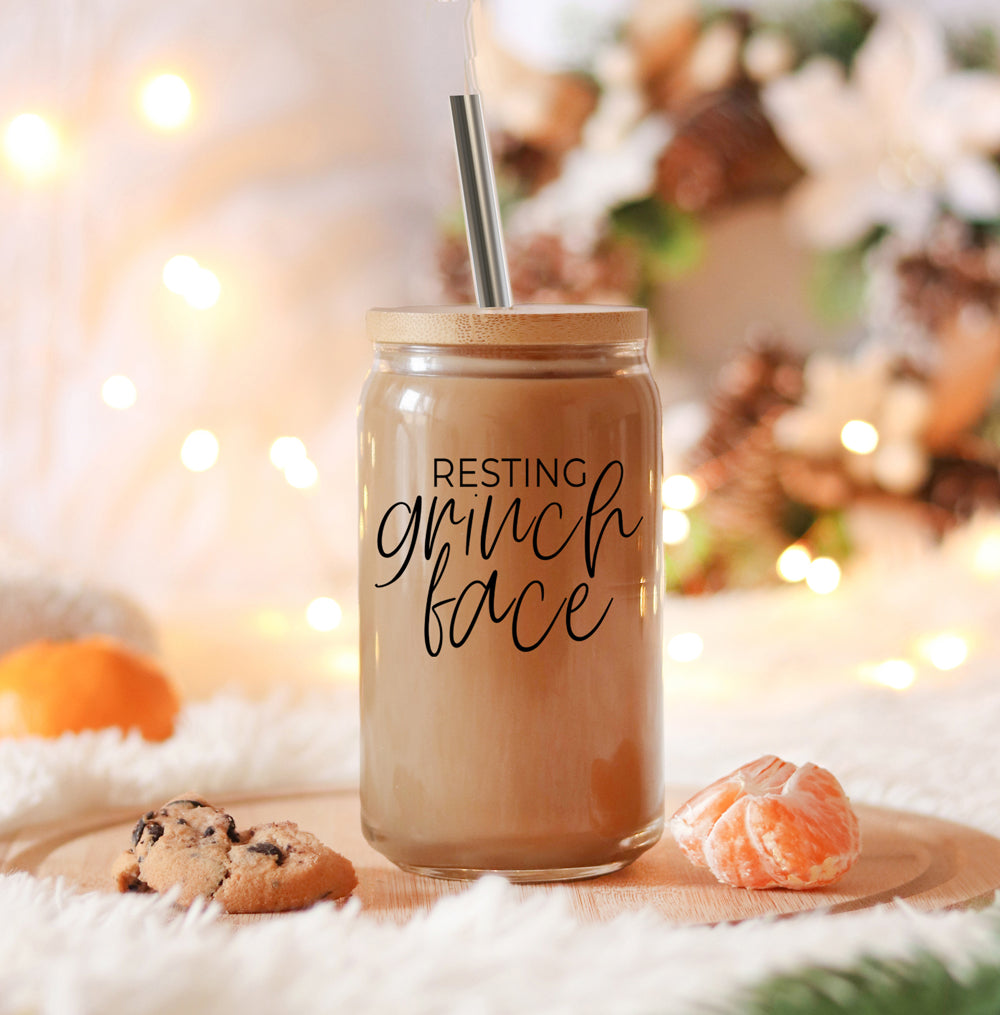 Grinch Face 17oz Glass Tumbler With Bamboo Lid and 2 Stainless Straws Holiday