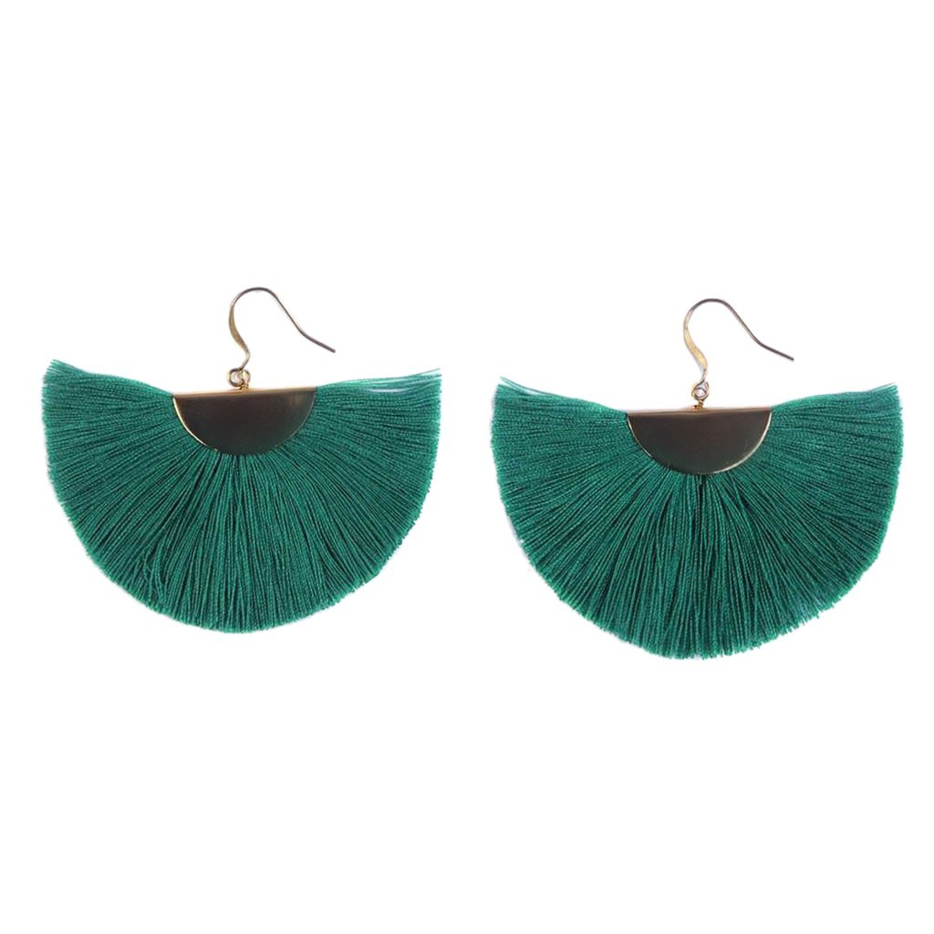 Half Moon Fan Tassel Earrings Boho Cotton Brass Lightweight Fringe Drop 3in