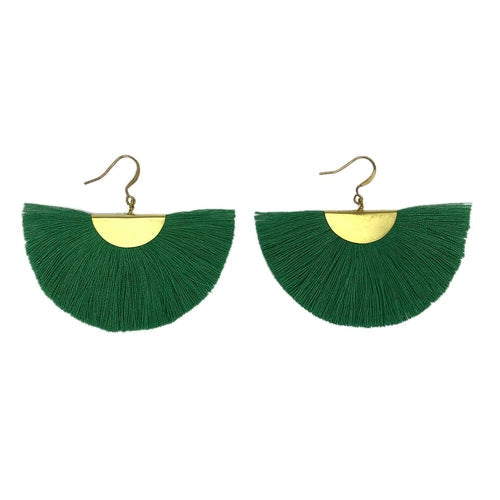 Half Moon Fan Tassel Earrings Boho Cotton Brass Lightweight Fringe Drop 3in