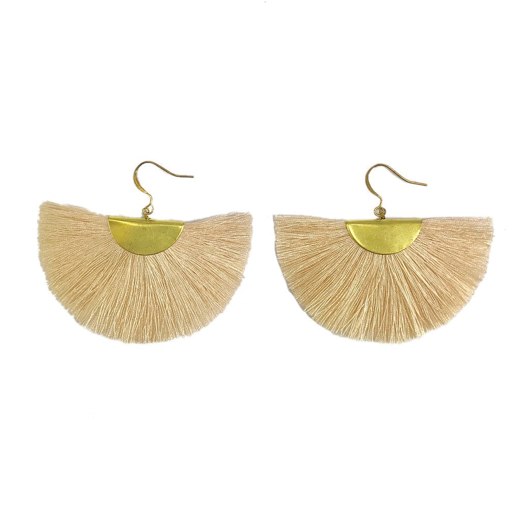 Half Moon Fan Tassel Earrings Boho Cotton Brass Lightweight Fringe Drop 3in