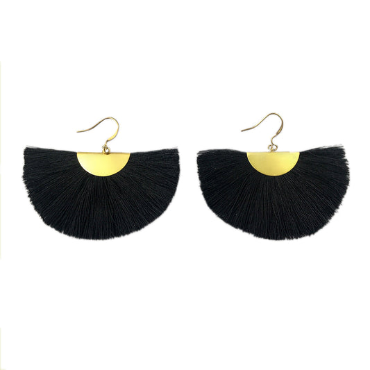 Boucles d'oreilles pendantes demi-lune éventail avec pompon, style bohème, en coton et laiton, légères, 7,6 cm