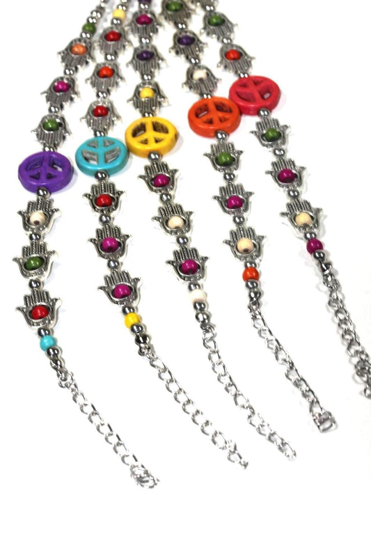 Bracelet de paix main de Fatima ajustable perles breloque argent
