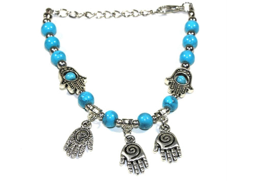 Bracelet à breloques main de Fatma et perles turquoises réglable