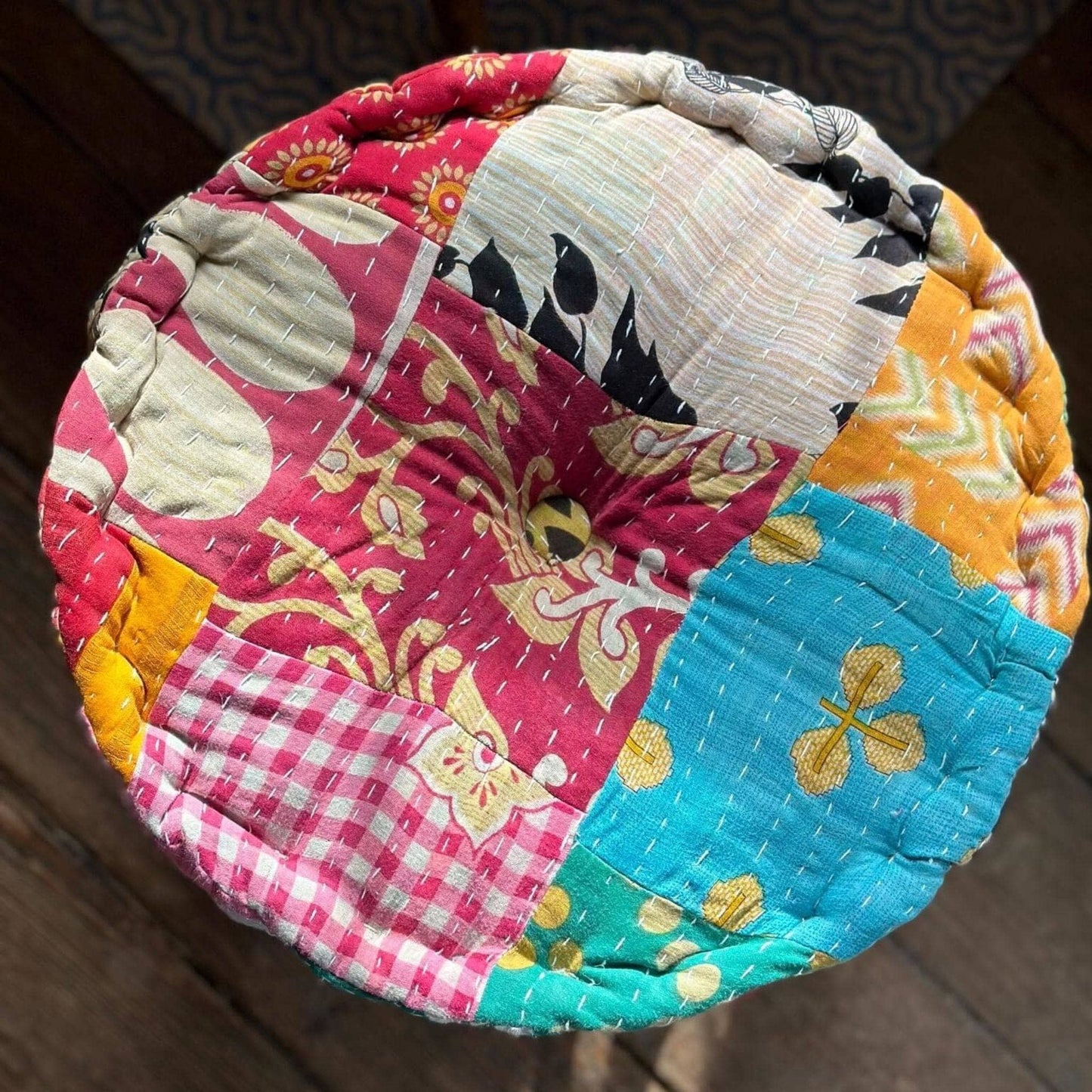 Hand Embroidered Floor Pouf – Boho Ottoman & Upcycle Accent