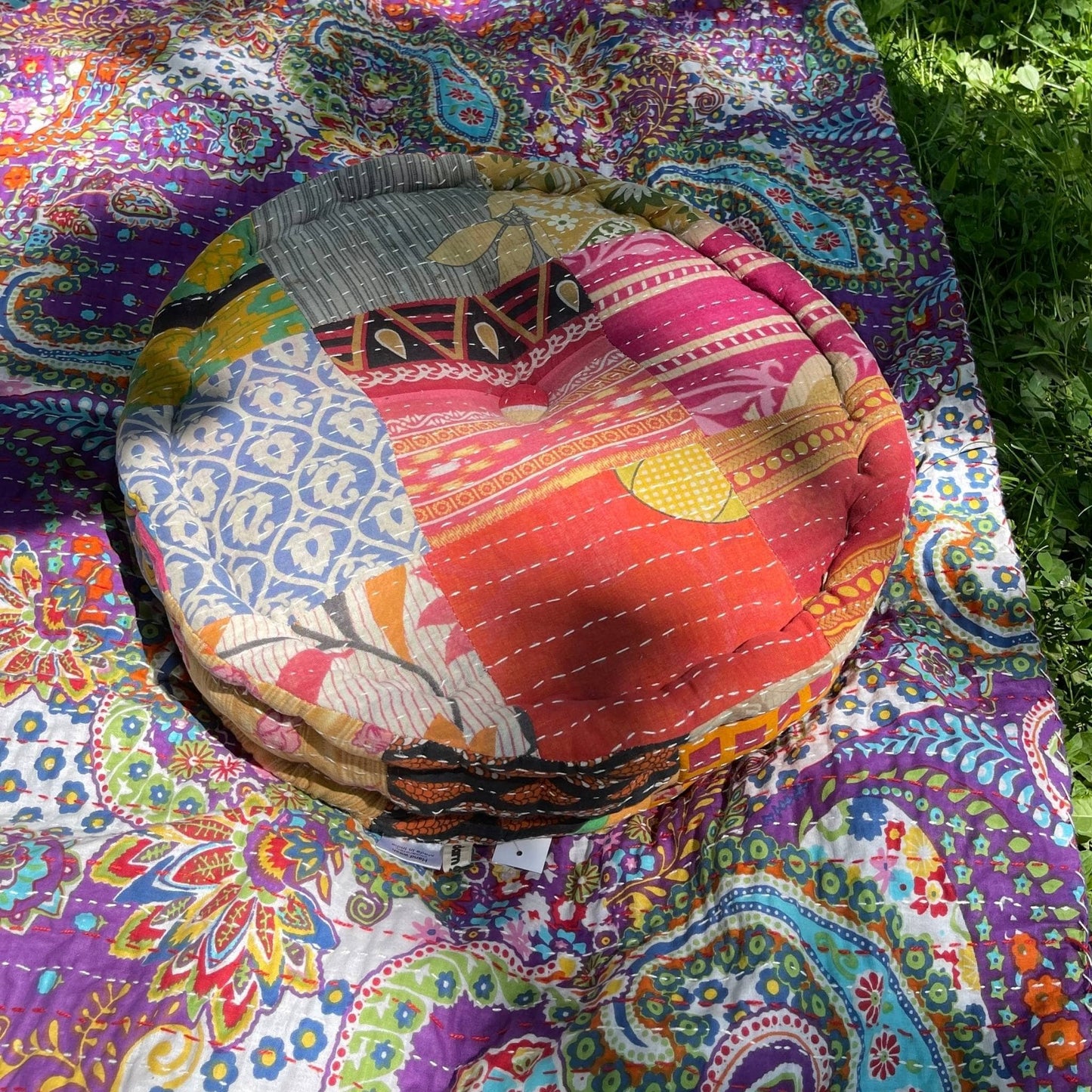 Hand Embroidered Floor Pouf – Boho Ottoman & Upcycle Accent
