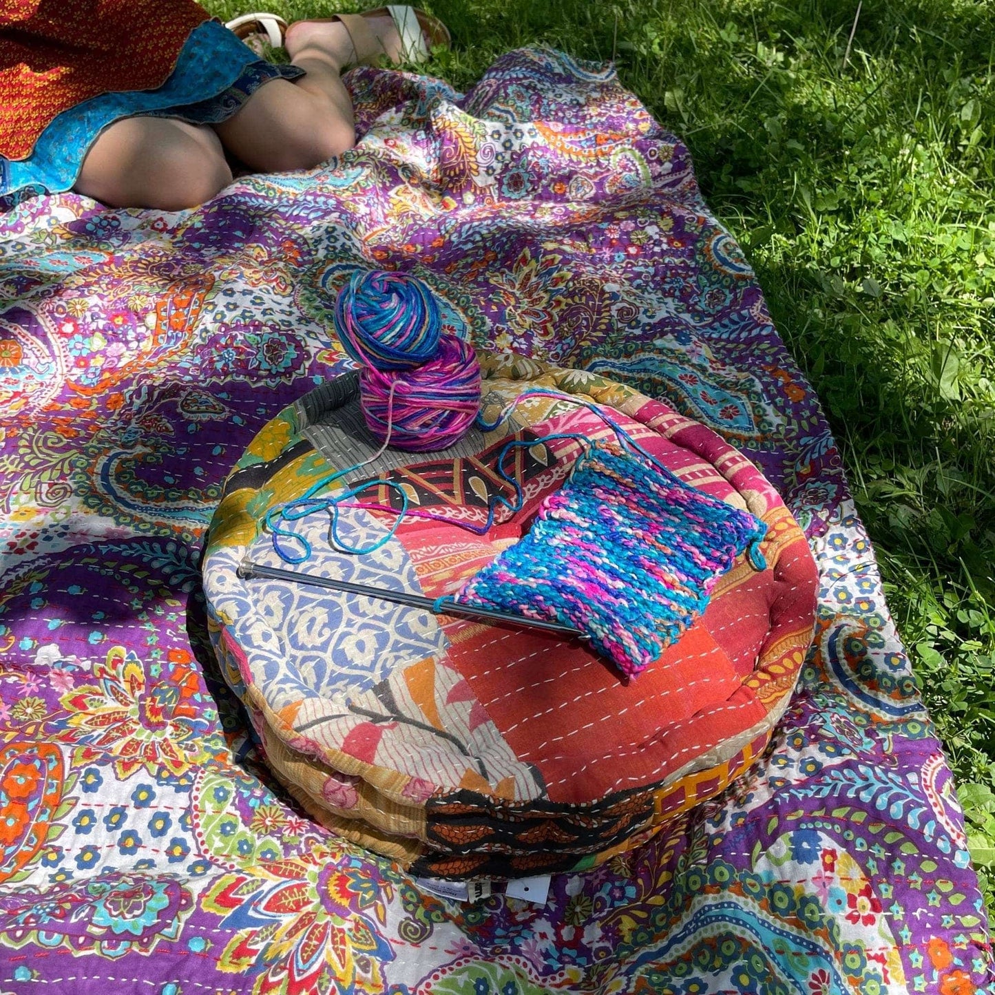 Hand Embroidered Floor Pouf – Boho Ottoman & Upcycle Accent