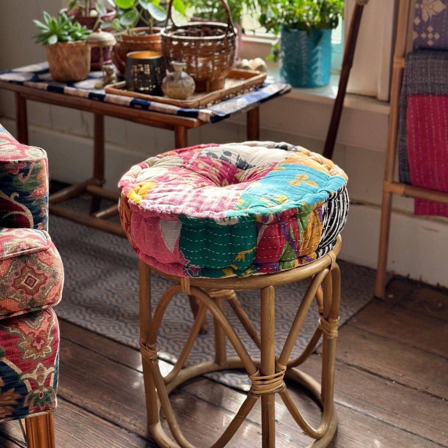 Hand Embroidered Floor Pouf – Boho Ottoman & Upcycle Accent
