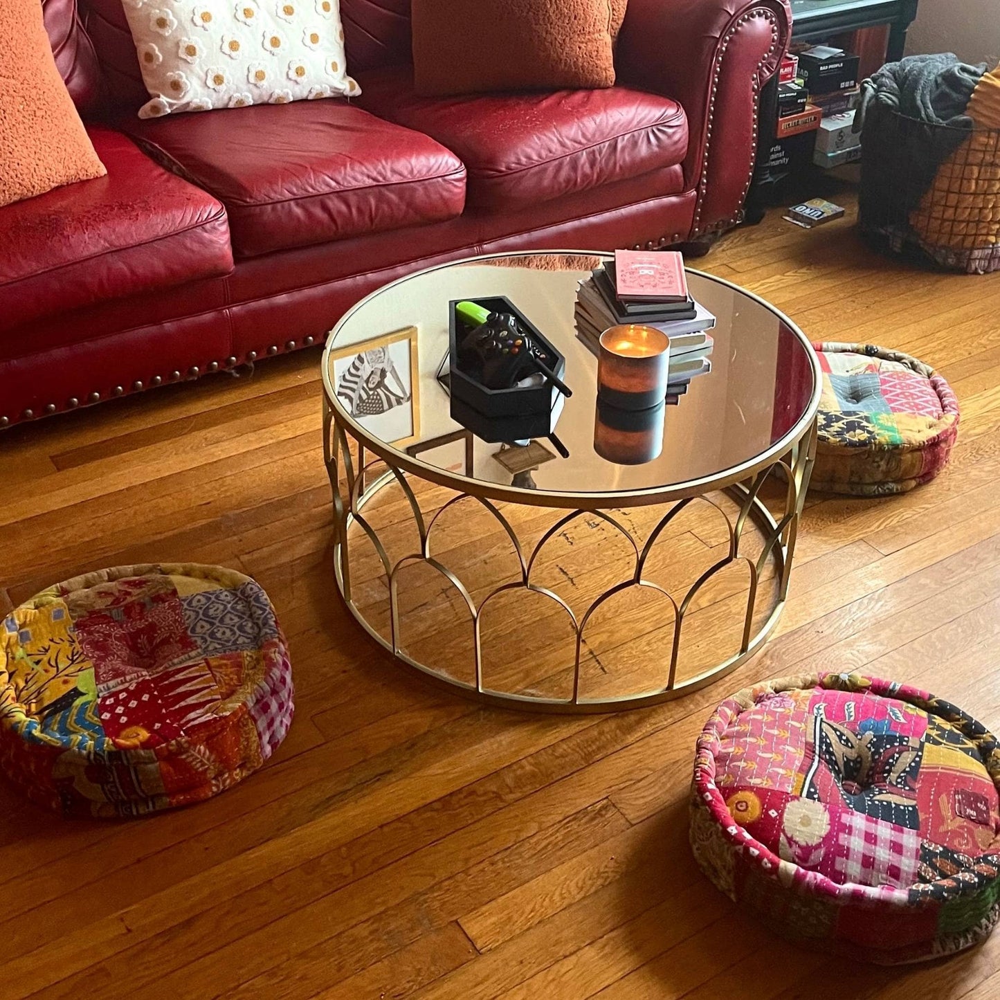Hand Embroidered Floor Pouf – Boho Ottoman & Upcycle Accent
