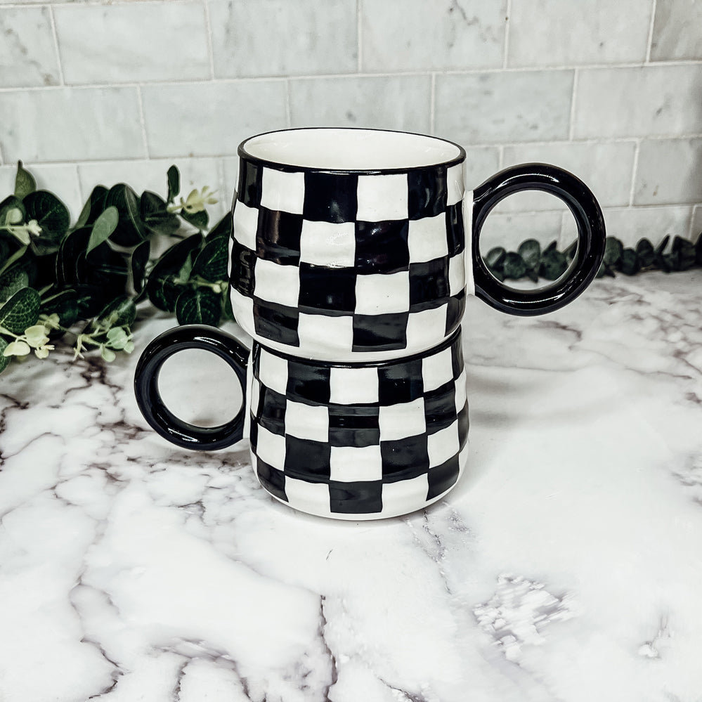 Mug en céramique à carreaux noir et blanc 400 ml peint à la main style rétro lavable au lave-vaisselle