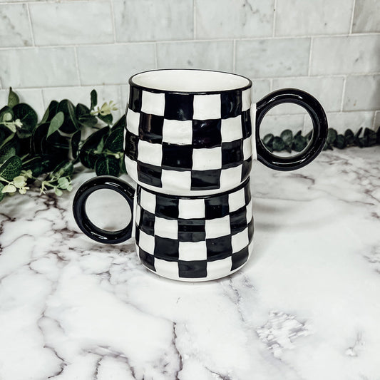Mug en céramique à carreaux noir et blanc 400 ml peint à la main style rétro lavable au lave-vaisselle