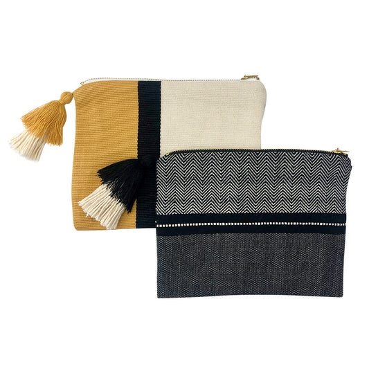 Trousse de Toilette Rayée Tissée à Pompon et Gland, Doublée, Pochette de Maquillage à Dragonne