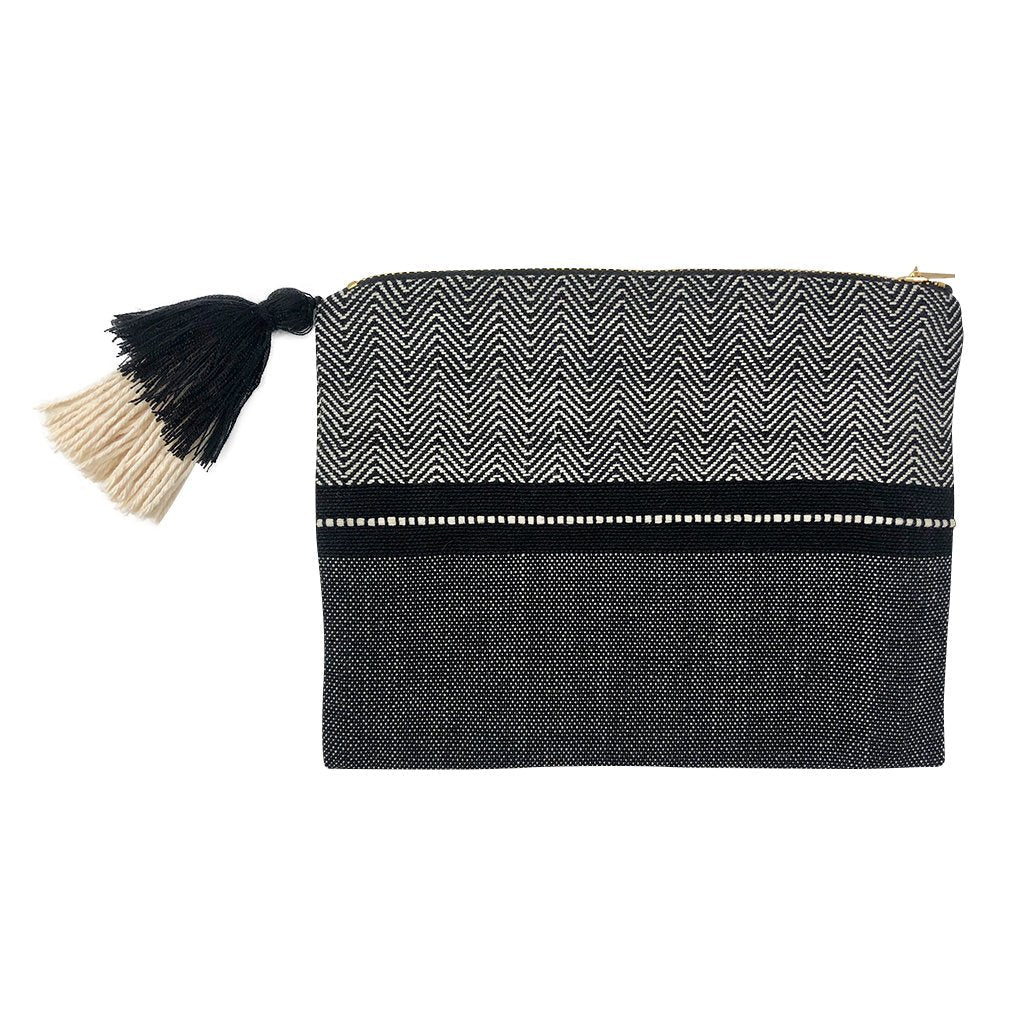 Handloom Stripe Cosmetic Bag Woven Pom Pom Tassel Lined Wristlet Makeup Clutch