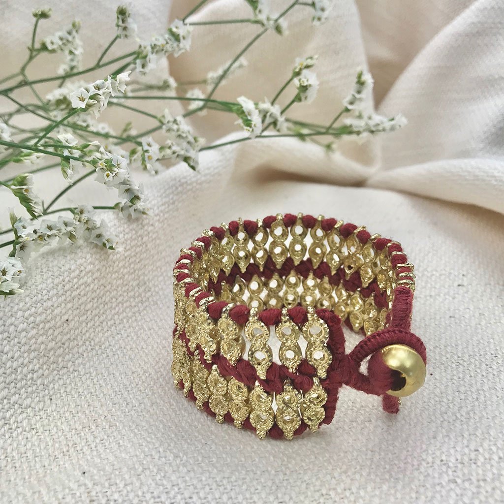 Bracelet manchette en fil de coton tissé à la main, perlé, style indien