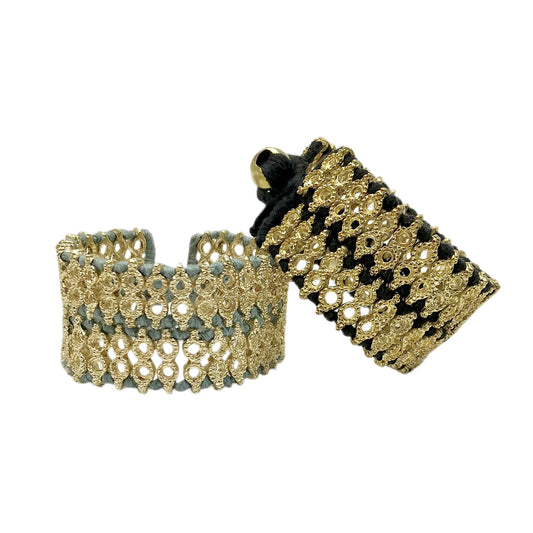 Bracelet manchette en fil de coton tissé à la main, perlé, style indien