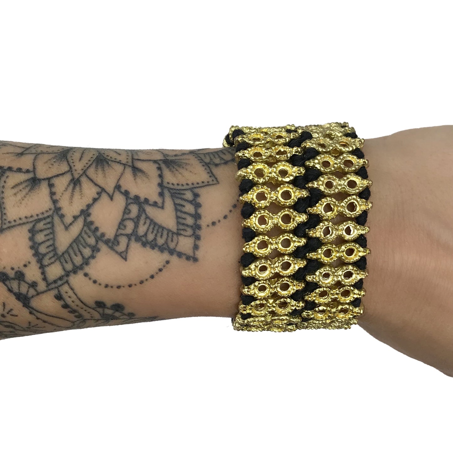 Bracelet manchette en fil de coton tissé à la main, perlé, style indien