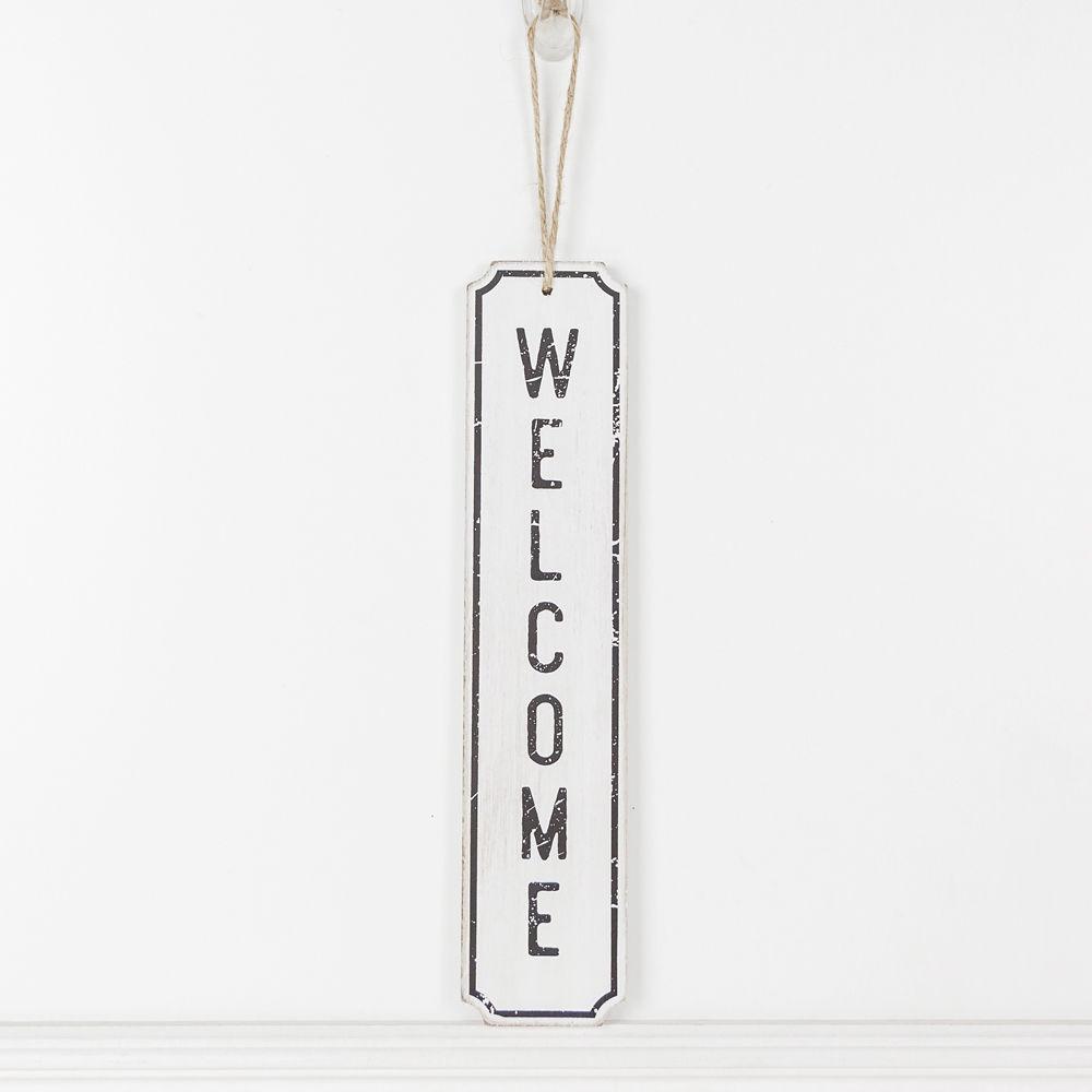 Wooden Welcome Hanging Sign Door Decor White Black Farmhouse Rustic 12 x 2.5 in