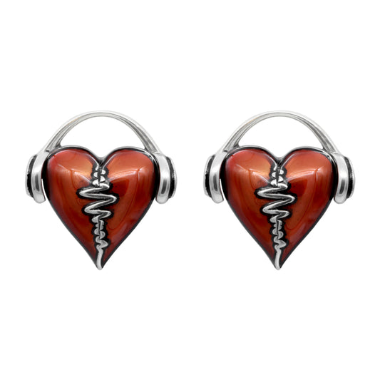 Boucles d'oreilles clous battement de cœur en émail rouge argentées minimalistes