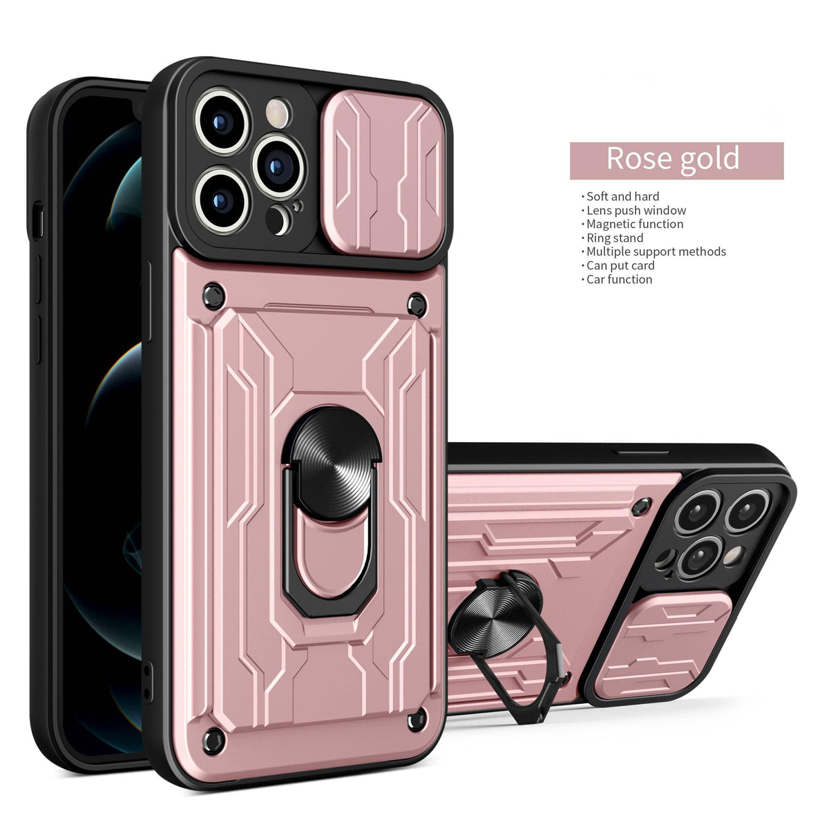 Heavy Duty Armor Case Card Pocket for iPhone 11 Pro 7 8 Plus Magnetic Phone Holder Cover Slide Lens Protection Design Card Holder Slot With Rotating Ring Armor Bumper Shockproof Case