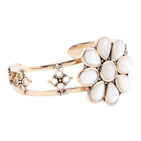 Bracelet manchette Hibiscus Blanc Nacre et Doré