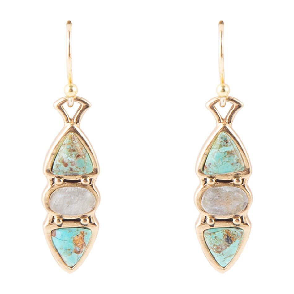 Blue Turquoise and Grey Labradorite Golden Drop Earrings