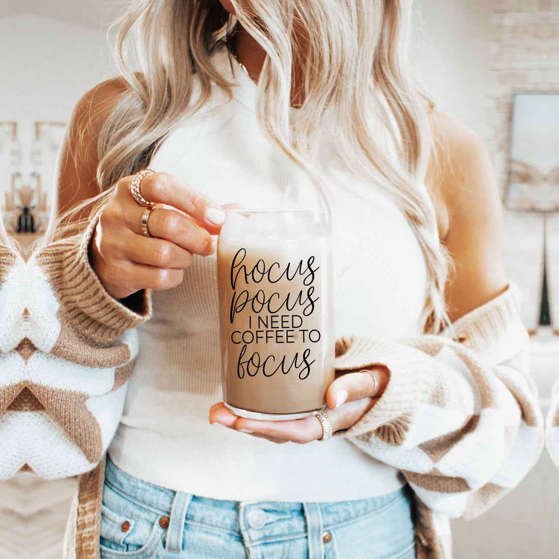 Gobelet en verre Hocus Pocus 500 ml avec couvercle en bambou, pailles en acier inoxydable, citation sur le café