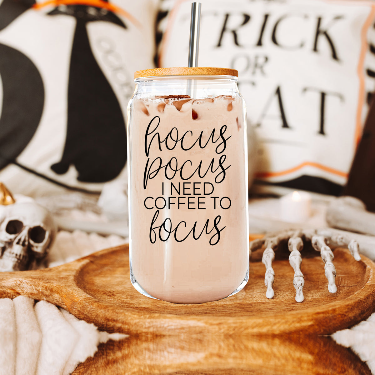 Gobelet en verre Hocus Pocus 500 ml avec couvercle en bambou, pailles en acier inoxydable, citation sur le café