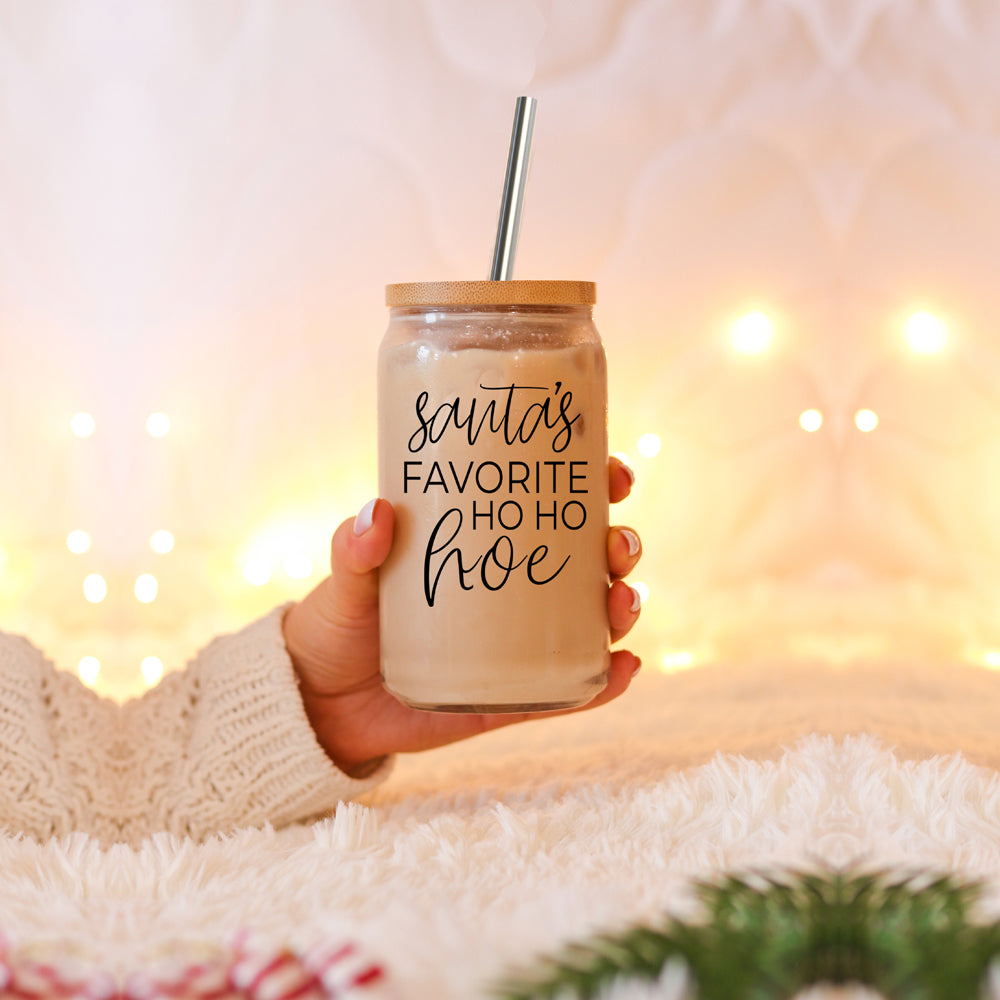 Weihnachten Weihnachtsmann Ho Ho Hoe 500ml Glasbecher mit Bambusdeckel, Edelstahlstrohhalmen und Strohhalmreiniger