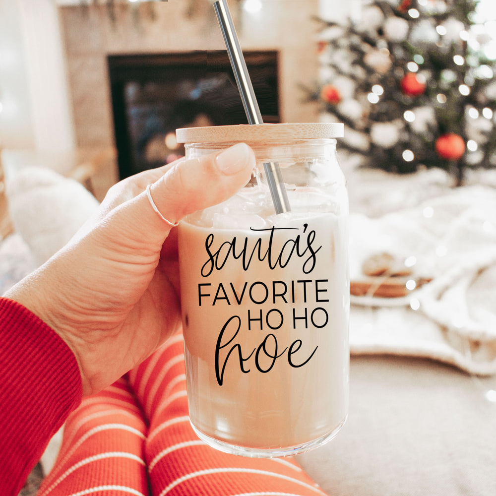 Weihnachten Weihnachtsmann Ho Ho Hoe 500ml Glasbecher mit Bambusdeckel, Edelstahlstrohhalmen und Strohhalmreiniger