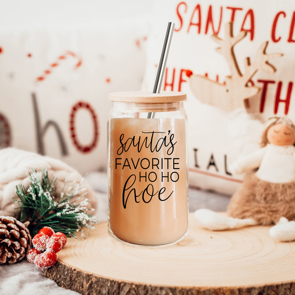 Weihnachten Weihnachtsmann Ho Ho Hoe 500ml Glasbecher mit Bambusdeckel, Edelstahlstrohhalmen und Strohhalmreiniger