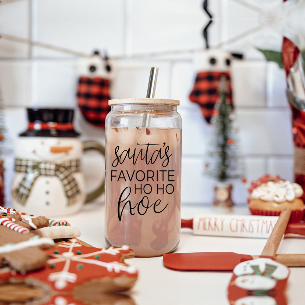 Weihnachten Weihnachtsmann Ho Ho Hoe 500ml Glasbecher mit Bambusdeckel, Edelstahlstrohhalmen und Strohhalmreiniger