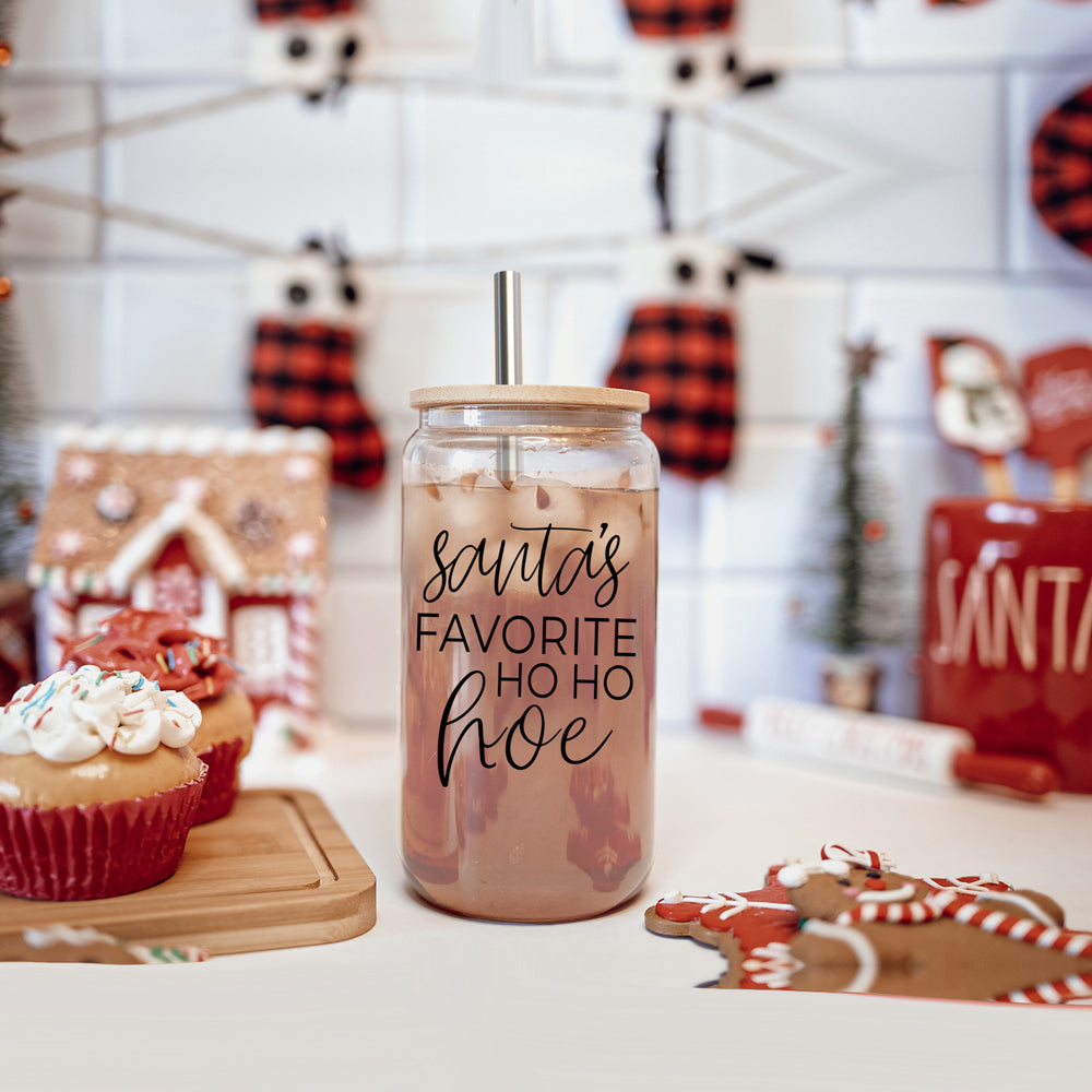 Weihnachten Weihnachtsmann Ho Ho Hoe 500ml Glasbecher mit Bambusdeckel, Edelstahlstrohhalmen und Strohhalmreiniger
