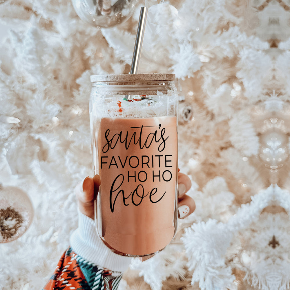 Holiday Santa Ho Ho Hoe 17oz Glass Tumbler With Bamboo Lid Stainless Straws And Straw Cleaner