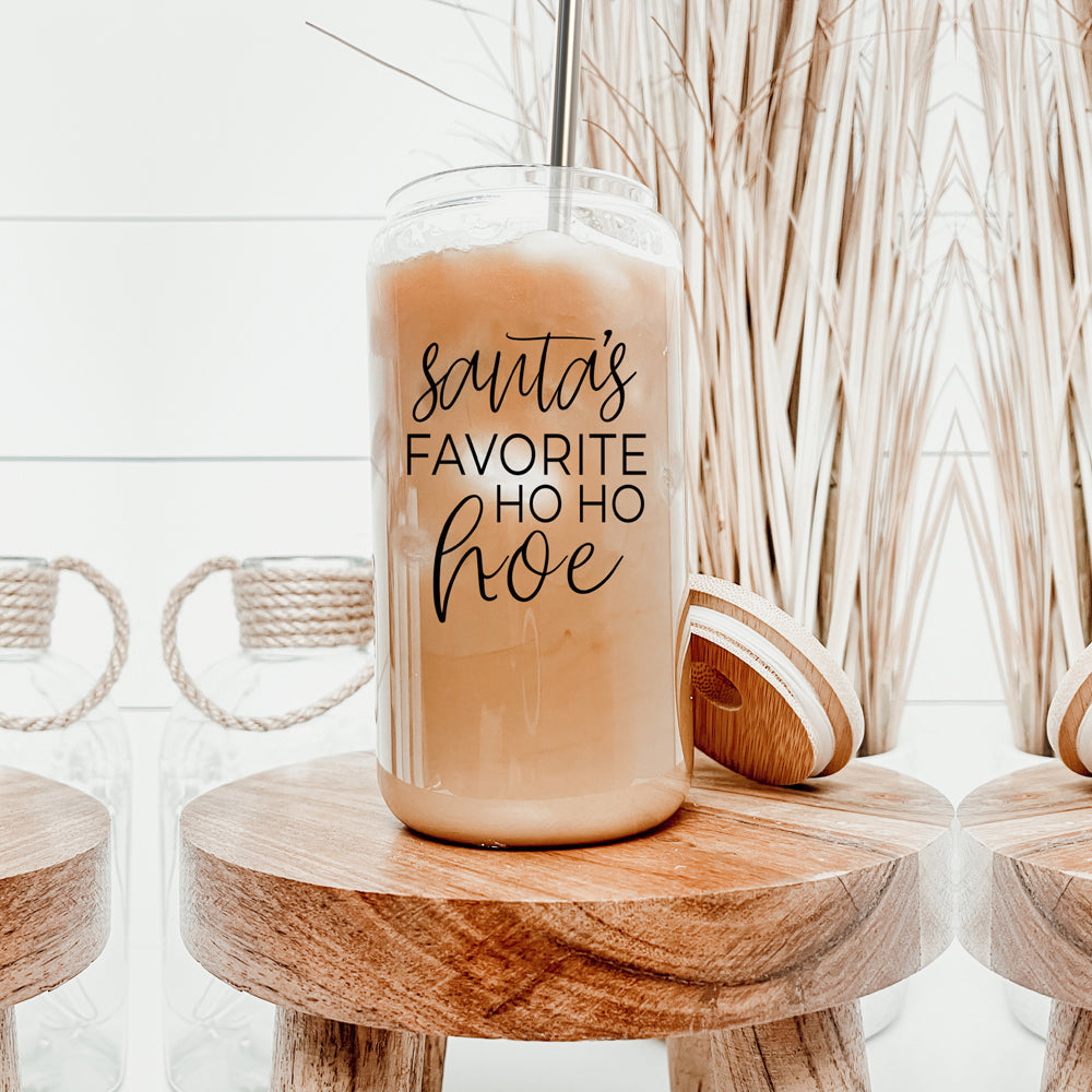 Weihnachten Weihnachtsmann Ho Ho Hoe 500ml Glasbecher mit Bambusdeckel, Edelstahlstrohhalmen und Strohhalmreiniger
