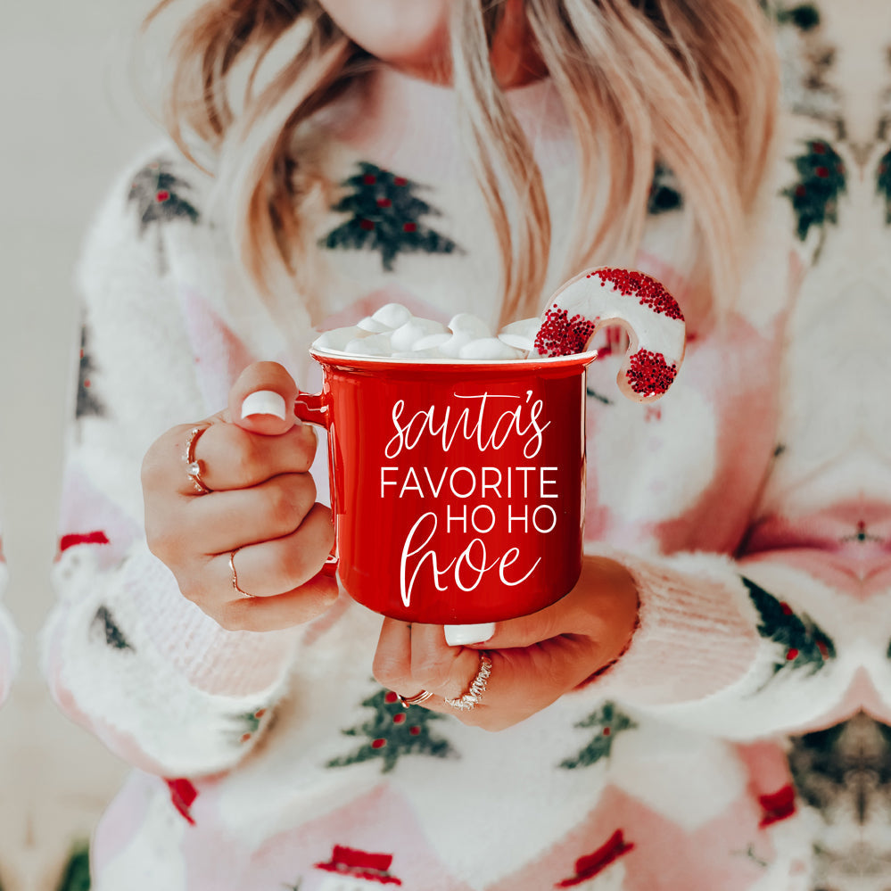Ho Ho Hoe Weihnachtstasse 430ml Keramik Lagerfeuer-Stil Doppelseitig Rot oder Grün Mikrowellengeeignet