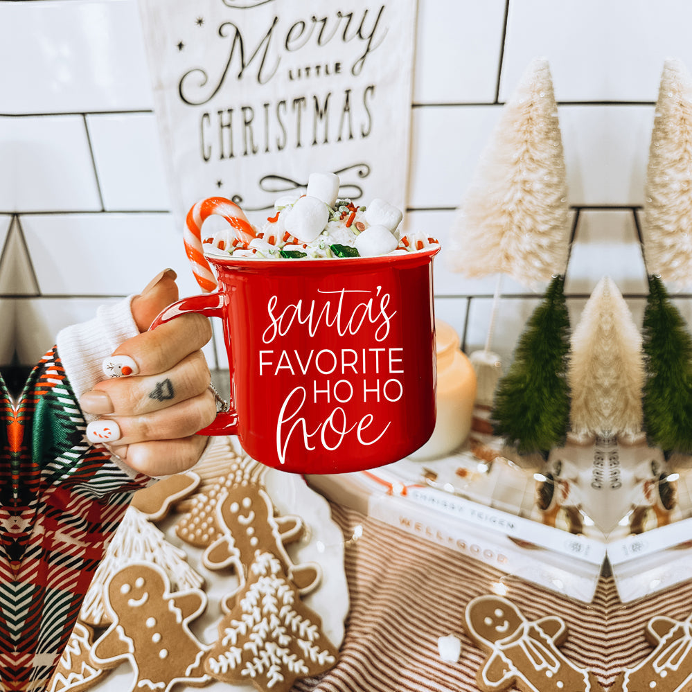 Ho Ho Hoe Weihnachtstasse 430ml Keramik Lagerfeuer-Stil Doppelseitig Rot oder Grün Mikrowellengeeignet