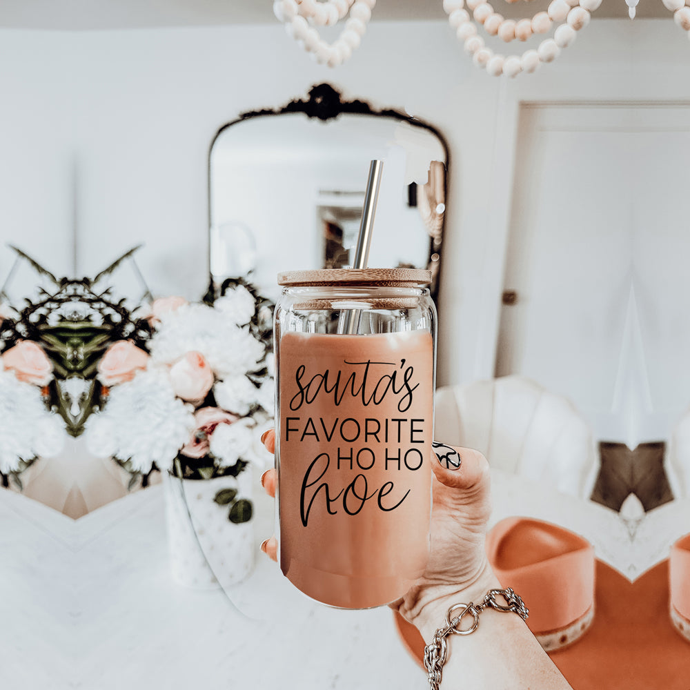 Weihnachten Weihnachtsmann Ho Ho Hoe 500ml Glasbecher mit Bambusdeckel, Edelstahlstrohhalmen und Strohhalmreiniger