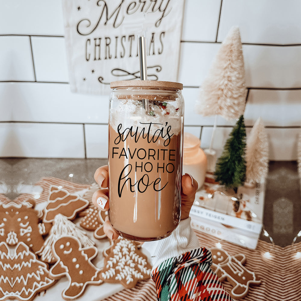 Holiday Santa Ho Ho Hoe 17oz Glass Tumbler With Bamboo Lid Stainless Straws And Straw Cleaner
