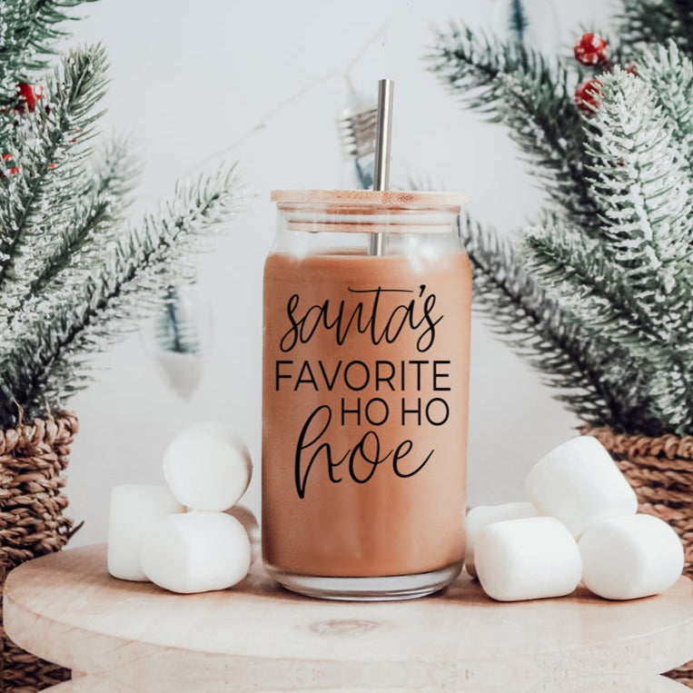 Weihnachten Weihnachtsmann Ho Ho Hoe 500ml Glasbecher mit Bambusdeckel, Edelstahlstrohhalmen und Strohhalmreiniger