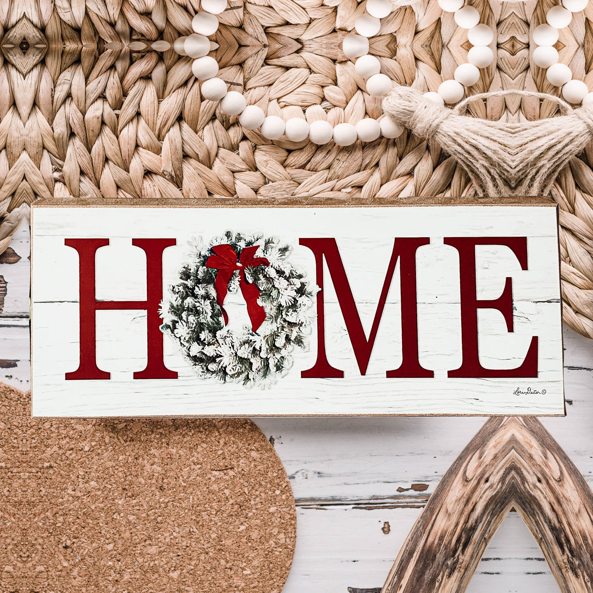 Christmas Home Wreath Sign Holiday Mantel Shelf Tray Decor Rustic Wooden