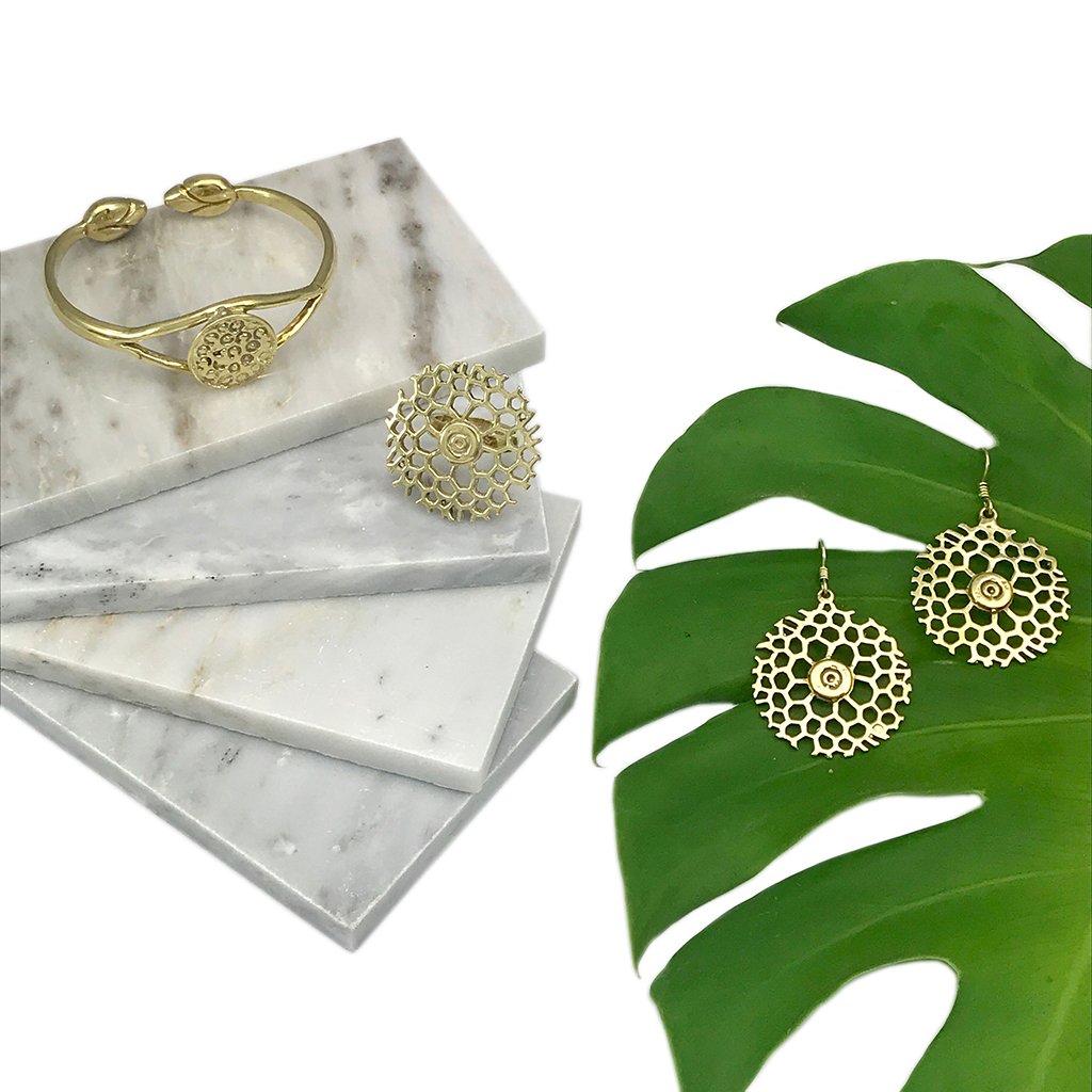 Honeycomb Bomb Earrings Recycled Brass Bullet Center 2 In X 1.25 In Handmade