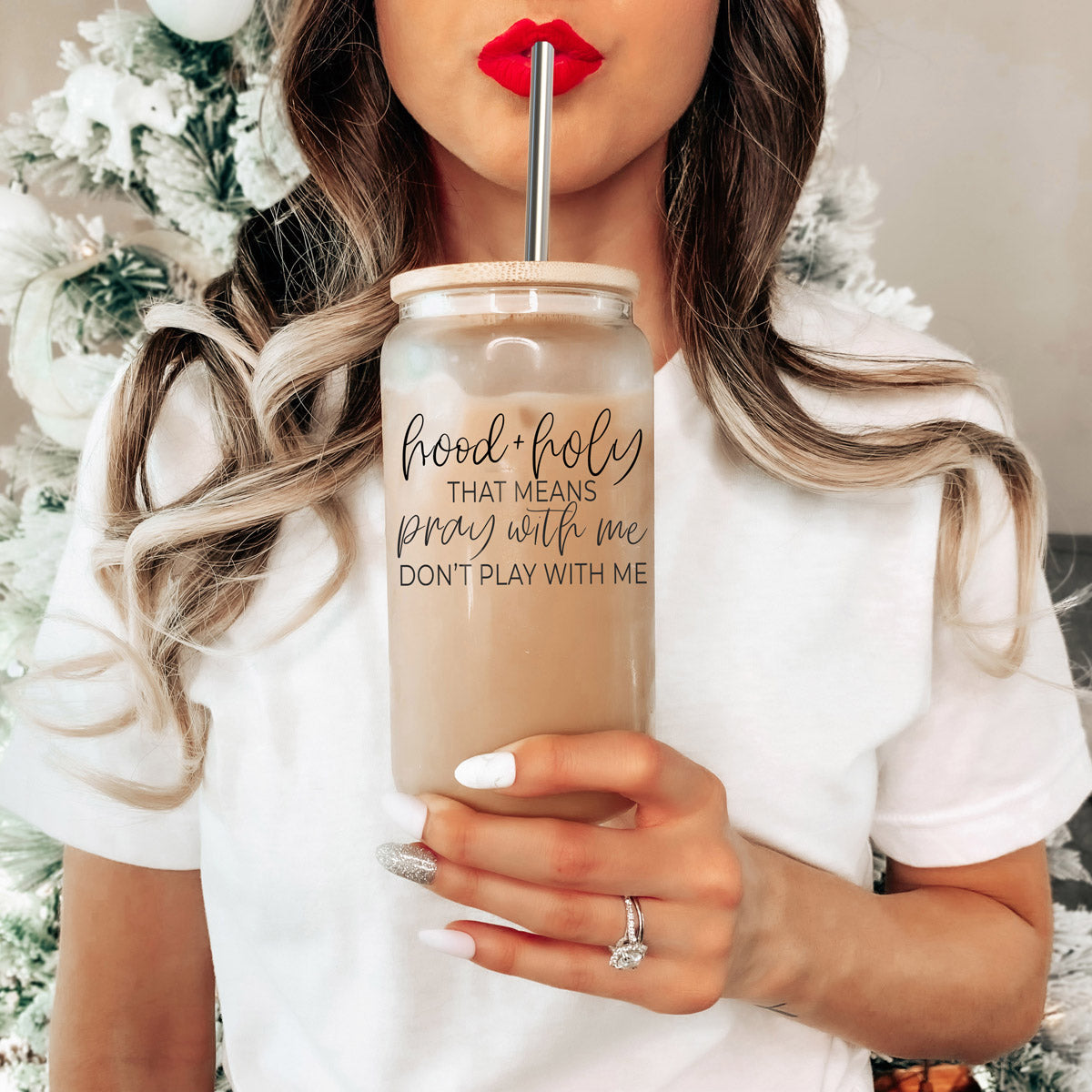 Hood And Holy 17oz Glass Tumbler With Bamboo Lid, 2 Stainless Straws And Straw Cleaner