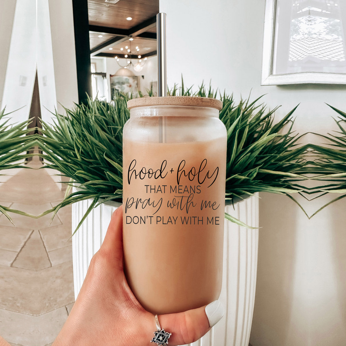 Hood And Holy 17oz Glass Tumbler With Bamboo Lid, 2 Stainless Straws And Straw Cleaner