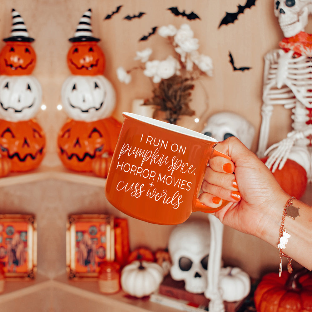 Pumpkin Horror Mug 14.5oz Orange Ceramic Campfire Dual-Sided White Text