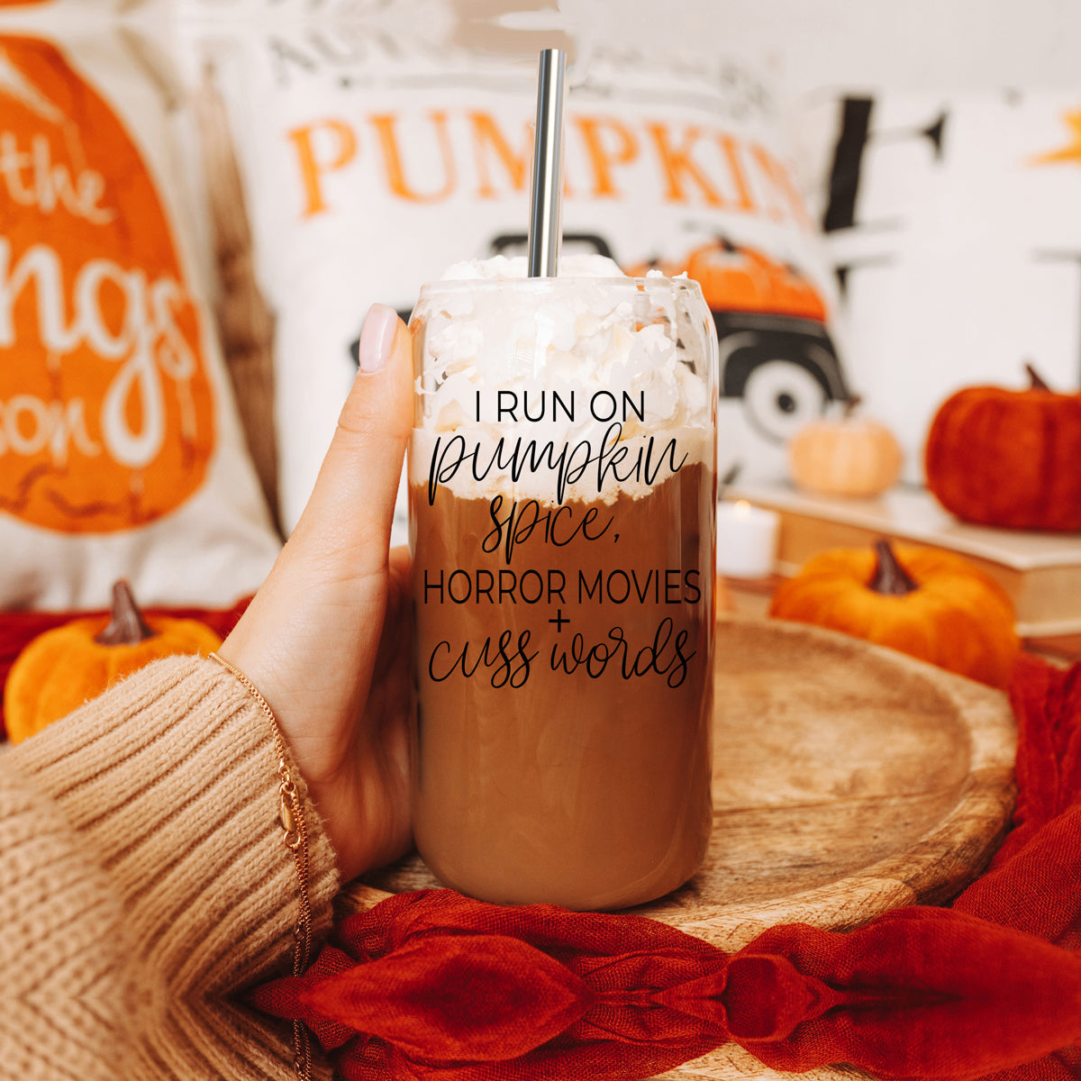 Horror Movies 17oz Glass Tumbler With Bamboo Lid Straw Set Pumpkin Spice