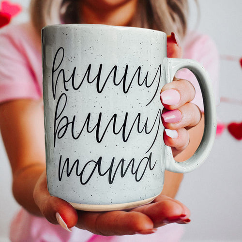 Keramiktasse „Hunny Bunny Mama“ 450 ml, groß, Pastell, Kaffeebecher, Blau, Rosa