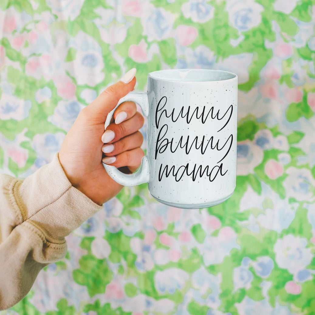 Keramiktasse „Hunny Bunny Mama“ 450 ml, groß, Pastell, Kaffeebecher, Blau, Rosa