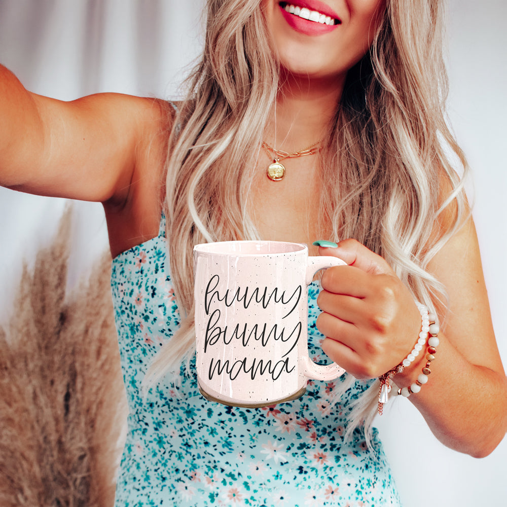 Keramiktasse „Hunny Bunny Mama“ 450 ml, groß, Pastell, Kaffeebecher, Blau, Rosa