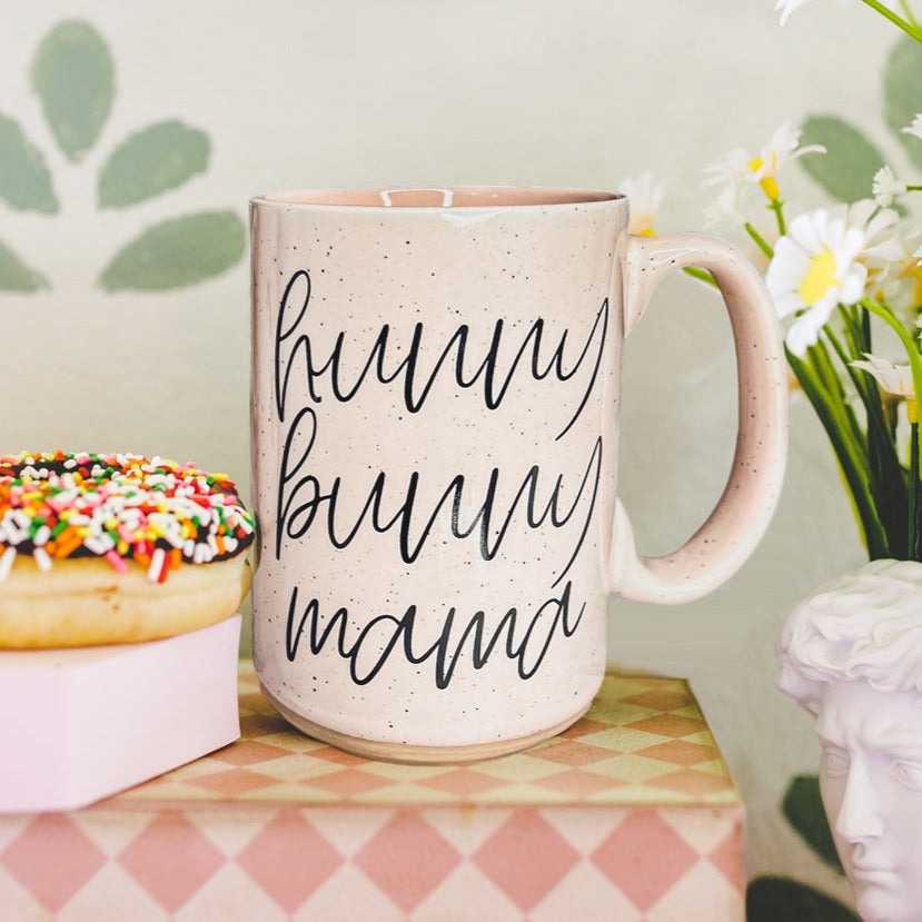 Keramiktasse „Hunny Bunny Mama“ 450 ml, groß, Pastell, Kaffeebecher, Blau, Rosa