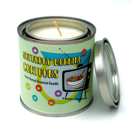 Bougie en cire de soja "Dessins Animés du Samedi Matin" - Céréales aux fruits - 8 oz - Parfum fruité rétro - Boîte de conserve avec couvercle